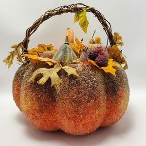 Beaded Pumpkin Basket Frosted Floral Fruits &Vegetables Harvest Fall Decorations